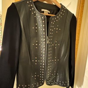 Peter Nygard Black Studded Faux Leather and Knit Blend Full Zip Jacket Size S
